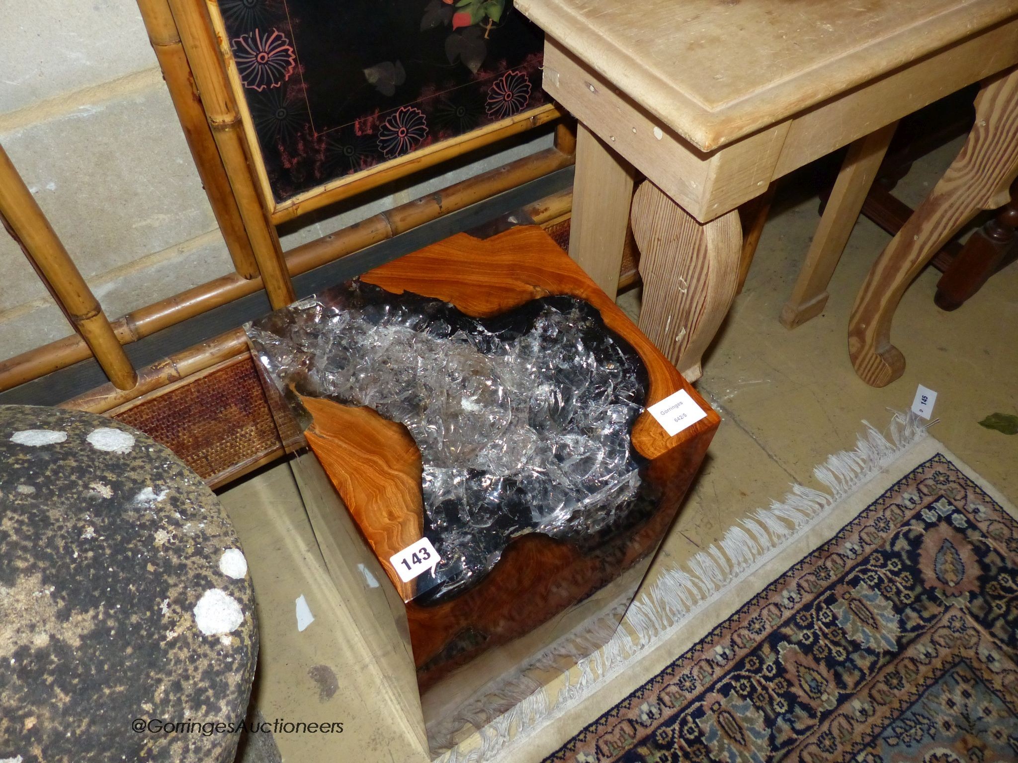 A contemporary cut wood and perspex pedestal, width 30cm, depth 30cm, height 60cm